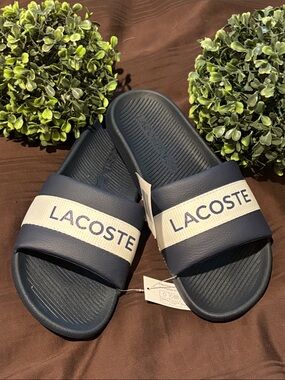 Lacoste Navy and White Slide Sandals with Branded Strap
